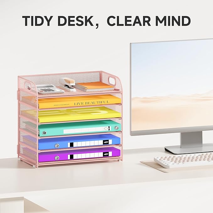 6 Tier Paper Organizer with Handle, Metal Desk Organizer Mesh Paper Letter Tray Desktop File Folder Document Sorter for Classroom, School, Office Accessories Organization and Storage - Pink