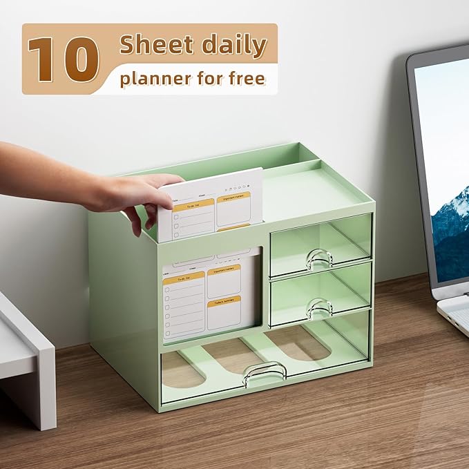 Marbrasse Desk Organizer with 3 Drawer, Multi-Functional Pencil Pen Holder for Desk, Desk Organizers and Accessories with 4 Compartments, Desktop Organizer Storage for Office Home Supplies (Green)