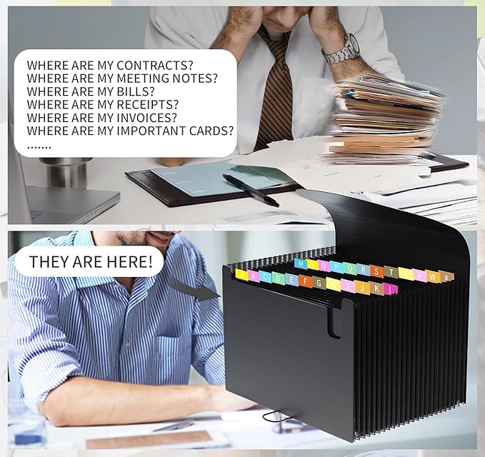 24 Pockets Expanding File Folder,Accordion File Organizer,Document Organizer Letter Size,Expandable Filing Box,Special Designed for Portable Use,Accordian Folders,Plastic (Black)