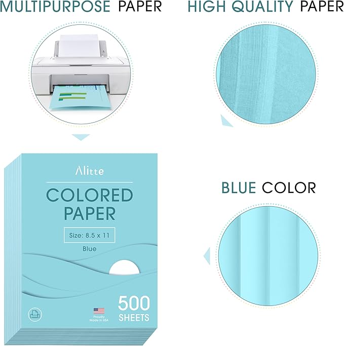Colored Paper 500-Sheets - Blue Paper, 8.5 x 11 Colored Printer Paper, Arts & Crafts, DIY Projects - School & Office Supplies - Pastel Copy Paper, 1 Ream, Made in the USA