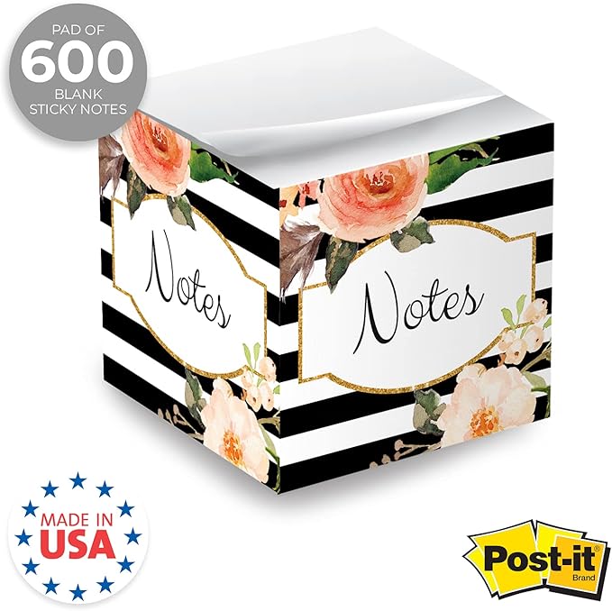 Black and White Floral Sticky Note Cube / 2.75" Memo Block Printed On 4 Sides/Modern Floral Stripe Design/Made in The USA
