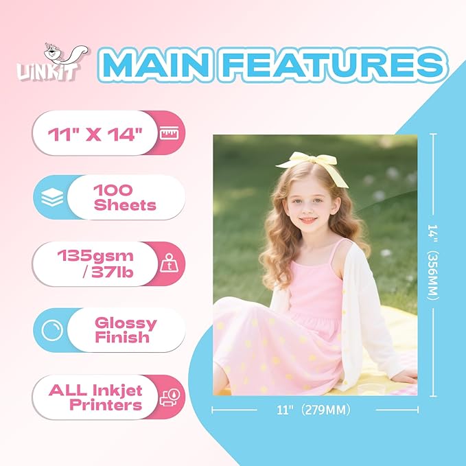Uinkit 37lb Thin Flyer Paper Glossy 11x14 Inkjet 100 Sheets Single Side DIY Chip Bag 135gsm Photos Picture for Inkjet Printer with Dye Ink Brochure (11X14X100)