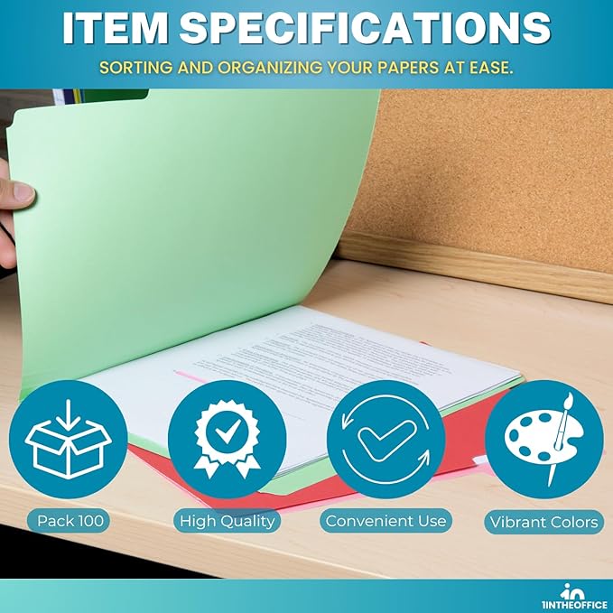 1InTheOffice Colored File Folders, Top-Tab File Folders, 3 Tab, 5 Assorted Colors, Letter Size, 100/Pack