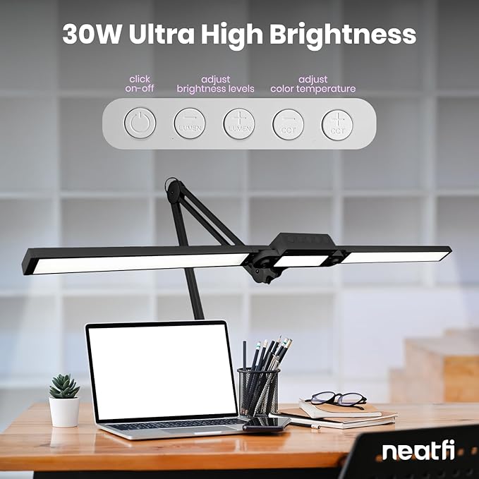 Neatfi LED Desk Lamp, Dimmable Desk Light with 360 SMD LEDs, 30W, CRI 95, Adjustable Color Temperature, Task Lamp for Home, Office, and Workbench (CCT, Black, 41 Inches)