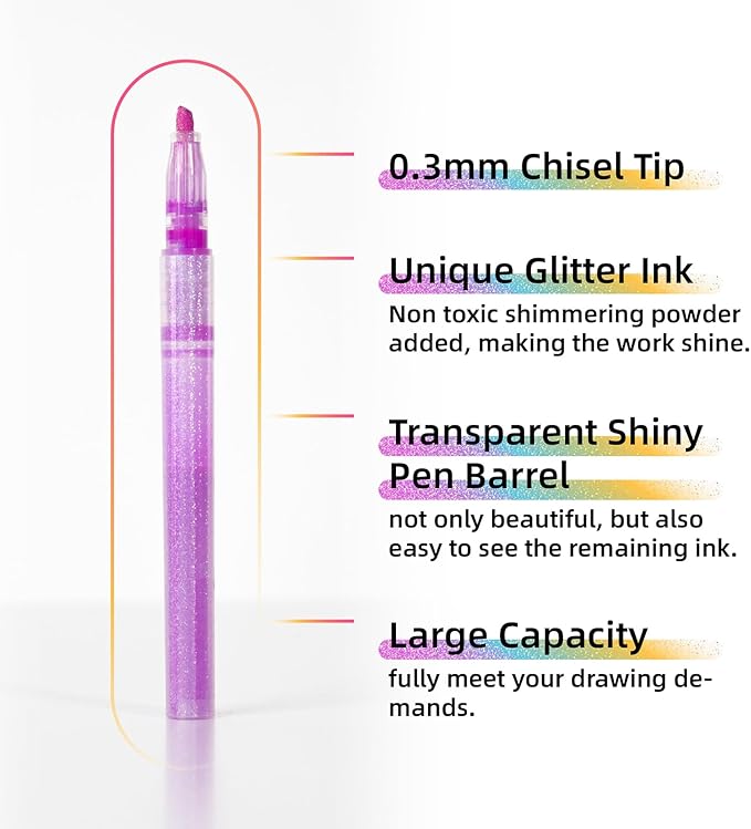 Glitter Highlighter Markers 6 Pack Set B, Chisel Tip Sparkle Highlighters Assorted Colors Pastel Glitter Highlighters Pens for Children Students Adults Journaling Coloring