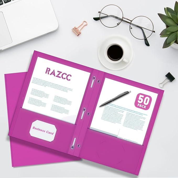 Two Pocket Folders, RAZCC 75 Pack Two Pocket Folders with Prongs, 3 Prong Folders Fit Letter Size Paper, Pocket File Folders for School Office Home Business, Rose Purple