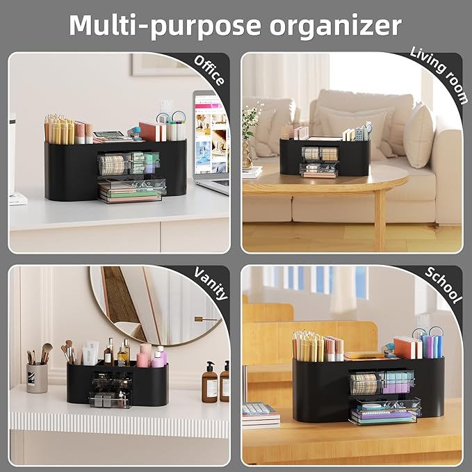 Marbrasse Desk Organizer Pen Holder with 3 Drawers, Multi-Functional Pencil Holder,Desk Organizers and Accessories with 7 Compartments for Home, School, Classroom (Black)