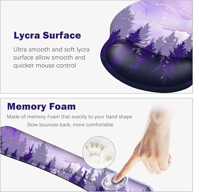 ARTSO Large Mouse Pad Ergonomic Keyboard Wrist Rest Support Combo, Memory Foam Gel Desk Mat Protector, Non-Slip Desk Blotter for Office, Home, Purple Forest