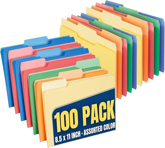 1InTheOffice Colored Interior File Folders Letter Size, File Folders 1/3 Cut Assorted Tab, Assorted Colors, 100/Pack