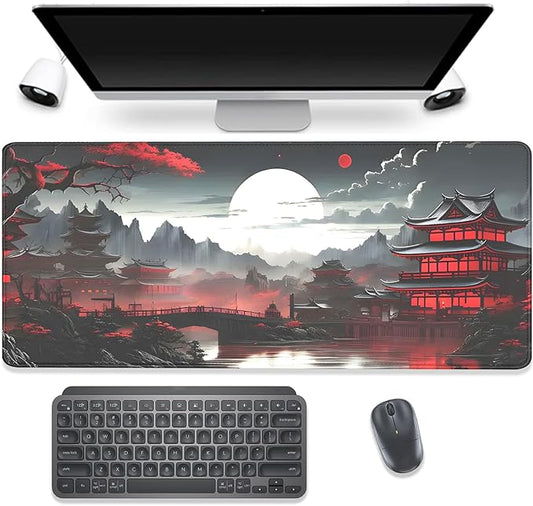 Japanese Riverside Full Moon Desk Pad Mouse Pad,Extended Large Gaming Mouse Mat with Stitched Edges,Non-Slip Waterproof Rubber Base Mousepad for Office Work Home Desk Mat(27.5X11.8 in)