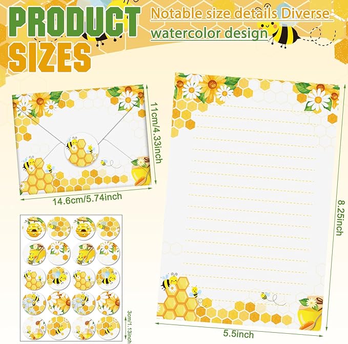 TaoBary 160 Pcs Stationery Paper Set 50 Double Sided Stationery Papers with 50 Matching Envelopes and 60 Round Dot Sticker, 10 Design(Bee,8.25 x5.5 Inch)