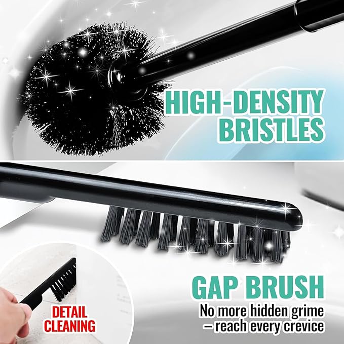 2 Pack 4 in 1 Toilet Brush and Plunger Set with Crevice Cleaning Brush, Toilet Plunger and Brush Set with Extra Long Handle, Plungers for Bathroom Accessories, Toilet Plunger with Holder, Black