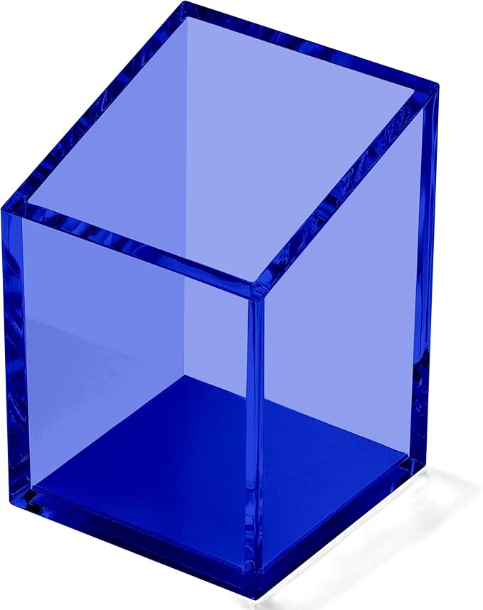 OfficeGoods Acrylic Pen & Pencil Holder - Modern Trapezoid Design - Beautiful Desk Organizer for Home or Office - Contrasting Metal Base - 3" Square w/ 3.5" Front & 4.5" Back - Blue