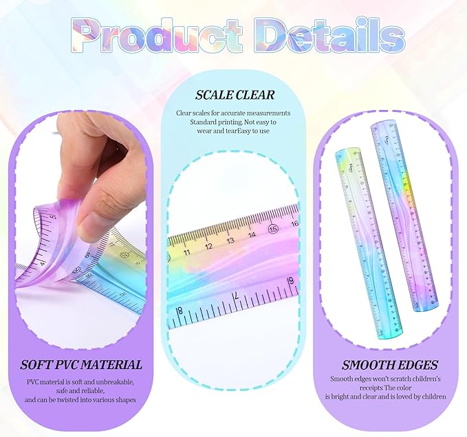 2 Pcs 12 Inch Flexible Ruler, Colorful Plastic Straight Edge Rulers Bendable Ruler with Centimeters and Inches, Cute Flexible Rulers for Office Adults Measuring Tools