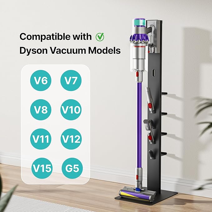 PEGZONE Vacuum Cleaner Stand, Compatible with Dyson Gen5 V15 V12 V11 V10 V9 V8 V7 V6, Floor Cordless Vacuums Attachment Holder with 4 Hooks and 4 Shelves, Metal Storage Bracket Organizer, Black
