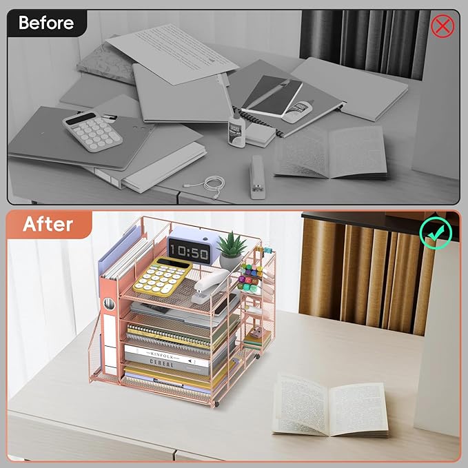 Desk Organizer with Magazine Holder, 5-Tier Paper Organizer for Desk with Pen Holder, Paper Letter Tray for Home, Office or School Supplies, Rose Gold