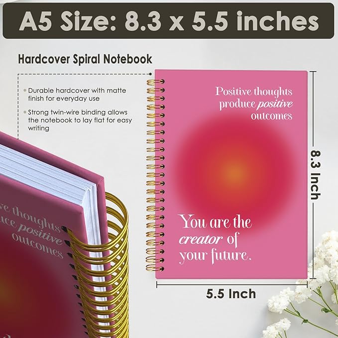 Wheatwin Positive Affirmations Spiral Notebook, Pink Aura Motivational Inspirational School Office Notebooks for Note Taking Work, Hardcover Spiral Notebook Gifts 5.5x8.3