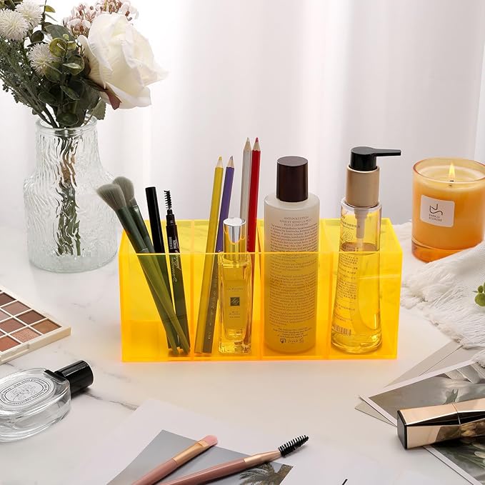 Pen Holder for Desk Neon Acrylic Pencil Holder Cup Makeup Brush Storage Organizer for Vanity, Neon Yellow