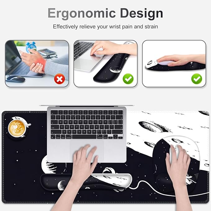 Large Mouse Pad, Keyboard Wrist Rest Set, Ergonomic Mouse Pad with Wrist Support, Desk Mat with Stitched Edges + Coaster, Extended Desk Pad Waterproof Desk Mat for Home Office Game I Space Astronaut