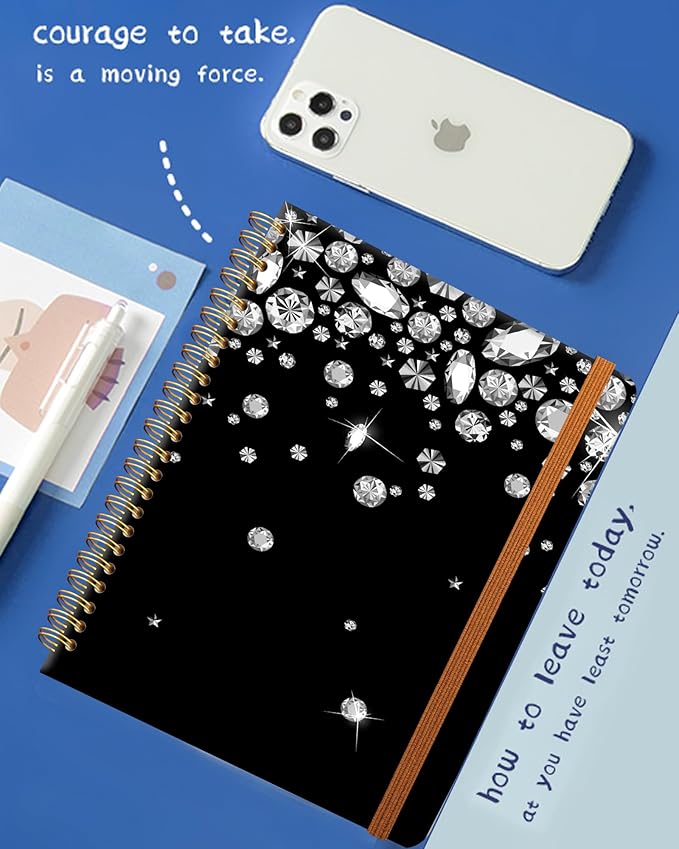 Ruled Spiral Writing Notebook,A5 Hardcover Lined College Journal for Women,Strong Twin-Wire Binding with Premium Paper,8.4" X 6",Perfect for School,Office,Home(Shiny Diamond)