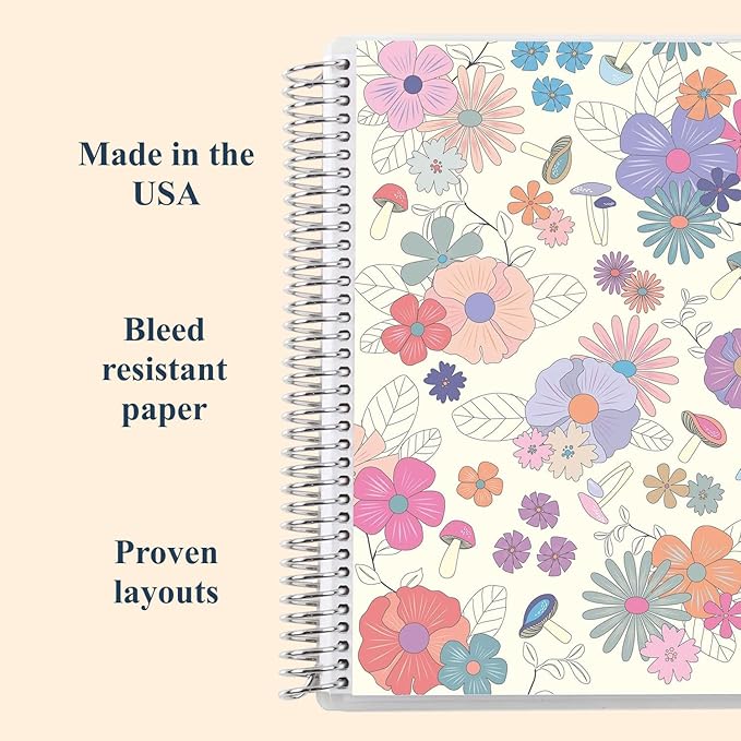 Erin Condren 8.5" X 11" Spiral Bound Productivity Notebook, Groovy Blooms, Functional 160 Lined Page and 80Lb Thick Paper Spiral Notebook, Stickers Included