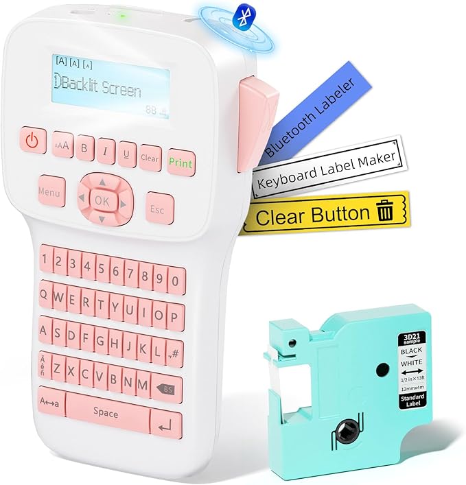 Pink Label Maker Handheld, Rechargeable Bluetooth Label Maker Waterproof-Labels, Keyboard Labeler Machine, Backlit Display, Multiple Symbol Icon Style Templates for Home Office Organization, LM1600