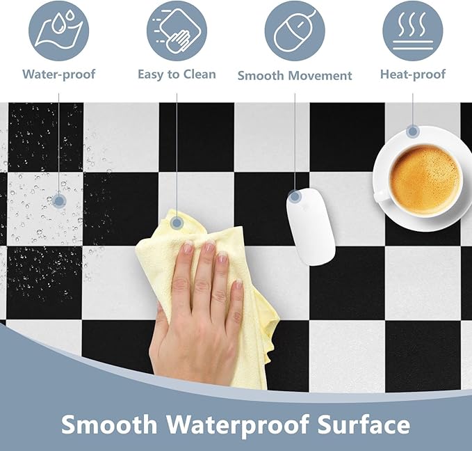 Mouse Pad Desk Mat Leather Desk Pad Large Gaming Desk Cover Protector Mat for Keyboard Computer Laptop Office Waterproof 47.2 x 23.6 Inch Checkered Black and White