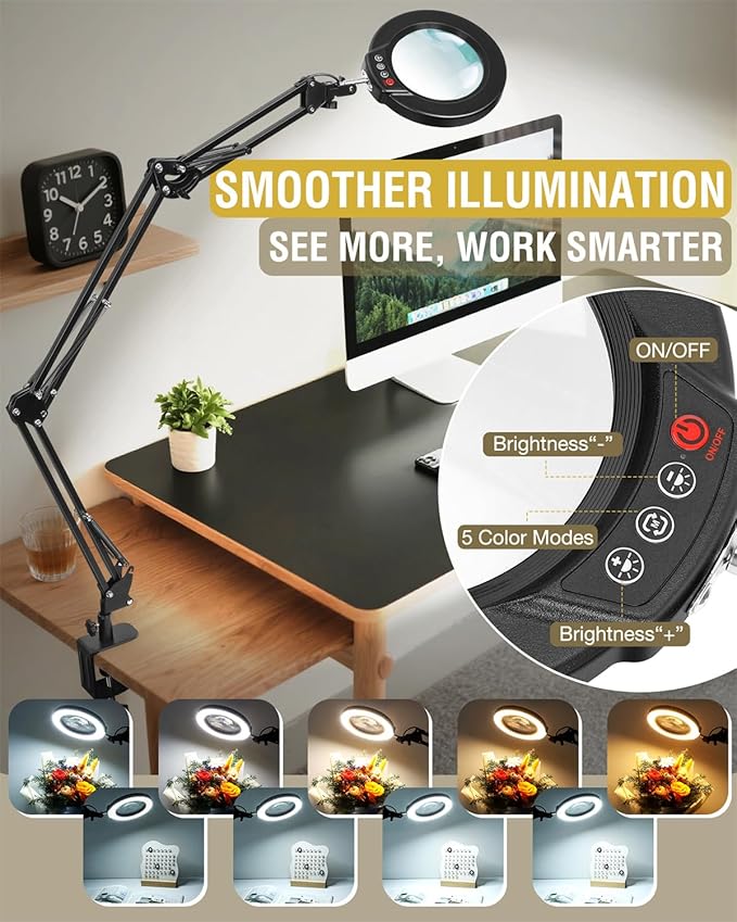 10X Magnifying Glass with Light and Clamp, Ultra Long 3 Section Swing Arm LED Desk Lamp, 5 Color Modes Stepless Dimmable, Hands Free Lighted Magnifier with Stand for Repair Reading Crafting Close Work