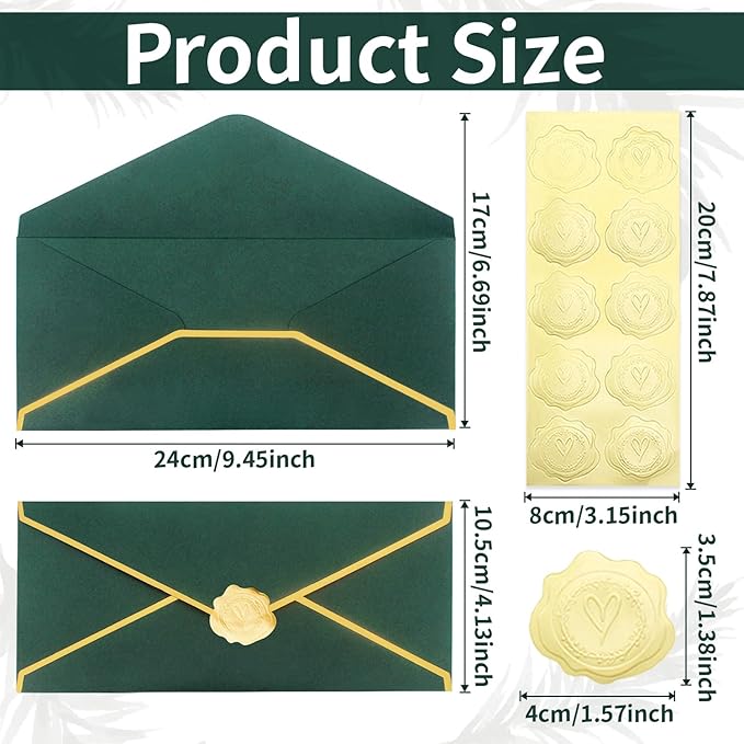 Business Envelopes with V-Flap,Gold Border 30 Pack #10 Envelopes Made of 150gsm Paper, Standard Envelopes with Gold Stickers for Office, Checks, Letter Mailing,9.45 x 4.13 Inches (Deep Green)