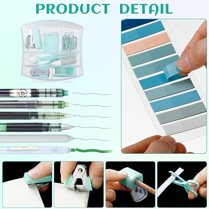 Colarr Mini Office Supply Kit Includes Stapler Tape Dispenser Staple Remover Paper Clips Scissor Staples Pen Sharpener Note Small Telescopic Knife for Office and School Clerk Student (Green)