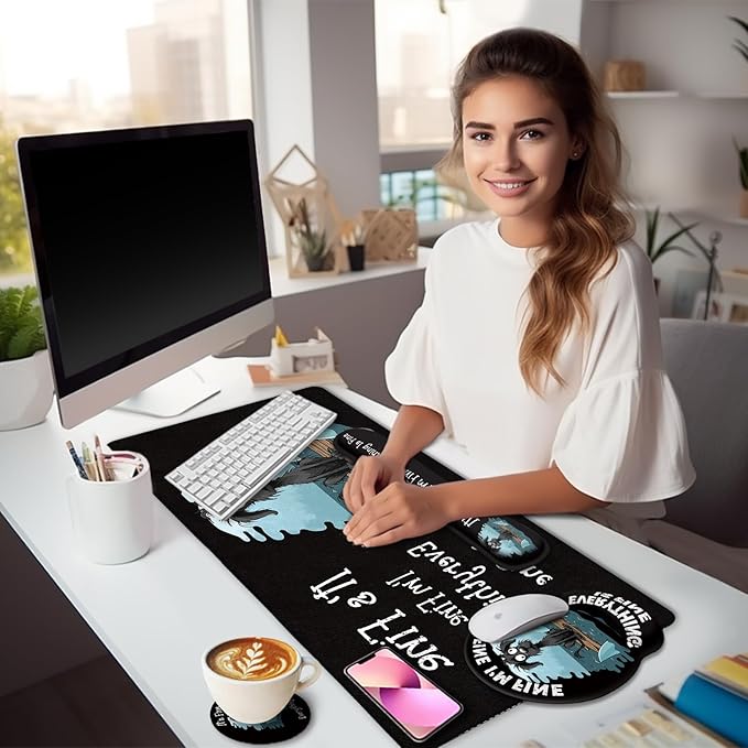 Funny Dog Mouse Pad Set Large Desk Mat With Wrist Rest for Gaming, Ergonomic Mousepad, Keyboard Mat, Cup Coaster Set, Office Accessories - It's Fine