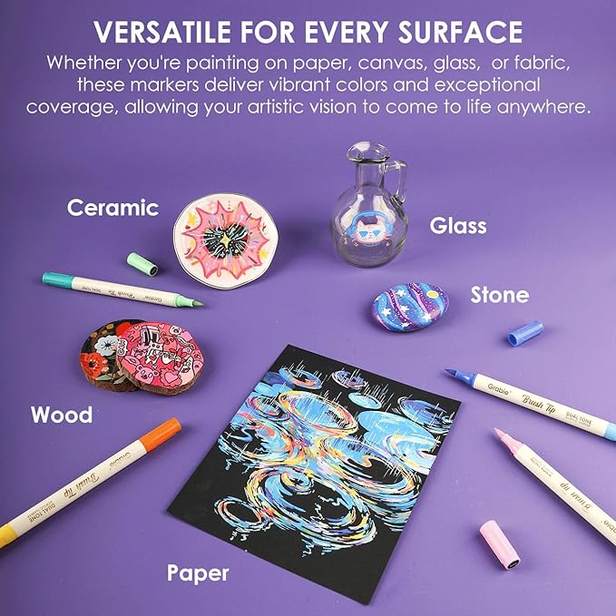 Grabie 24 Colors Paint Markers, Acrylic Paint Pens with 12 Dual-Color Brush Tips, Dual Tone Acrylic Markers for Rocks, Acrylic Paint Markers for Art Supplies (24 Dual Tone Colors)