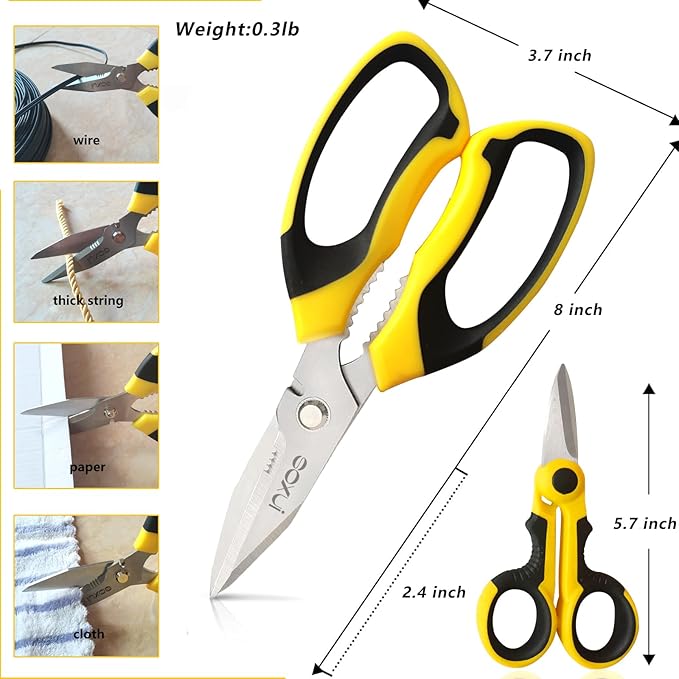 8-Inch Heavy Duty Scissors – Ultra Sharp Stainless Steel Shears with Serrated Edge & Protective Cover, Ideal for Cardboard, Wire, Fabric & More (Yellow)