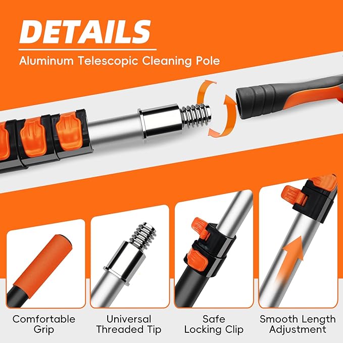 DALTACK 20 Foot High Dusters Kit for Cleaning with 3-12 Foot Heavy Duty Extension Pole, Extendable Reusable Cobweb, Feather, Ceiling Fan Cleaner Duster, Window Squeegee Kit
