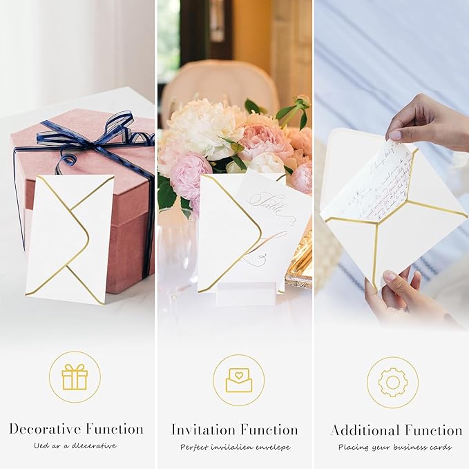 A7 White Envelopes 50 Pcs, Goefun 5x7 V-Flap Fancy Envelopes with Gold Border, for Invitation, Bridal Shower, Wedding, 5.25 x 7.25in