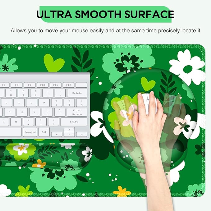 AIMSA Keyboard Mouse Pad Wrist Rest Set, Large Gaming Mouse Desk Pad with Wrist Support Ergonomic Design, 4 in 1 Mousepad for Home Office, Green Flowers