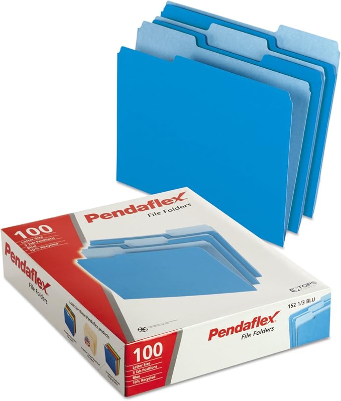 Pendaflex Two-Tone Color File Folders, Letter Size, Blue, 1/3 Cut, 100 per box (152 1/3 BLU), 12 inches