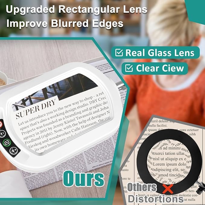 10X Rectangle Magnifying Glass with Light, 5 Color Modes Stepless Dimmable Magnifier with Stand, LED Lighted Clamp Desk Lamp with Swing Arm, Hands Free for Reading Painting Close Work - White