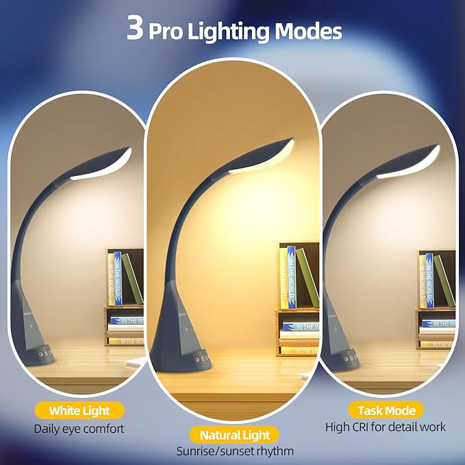 LED Desk Lamp with USB Charging Port, Dimmable Reading Light Touch Control and Eye Protection, Adjustable Brightness Table Lamp for Home Office Bedroom (Blue)