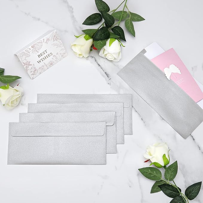 100 Pack Metallic Silver Envelopes #10 Business Envelopes 4-1/8 x 9-1/2 Self adhesive Mailing Envelopes for Office, Business Letterhead, Invoices, Personal Mailing, Letters, Unique Invitations