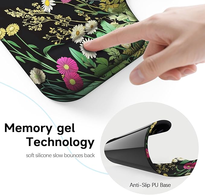 Ergonomic Mouse Pad with Gel Wrist Rest (1"& 1.2" Dual Height) - Mouse Pads Compact Mousepad Desk Mat Office, Gaming & Carpal Tunnel Relief | Non-Slip Rubber Base | Wildflower Black