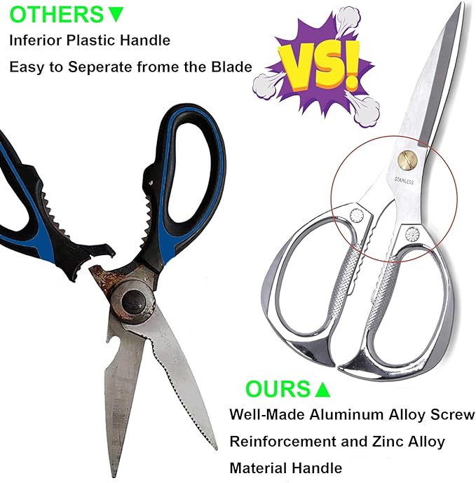 7.5in Stainless Steel Kitchen Scissors, Heavy Duty Shears for Chicken, Meat, Food, Vegetables, BBQ (Silver)