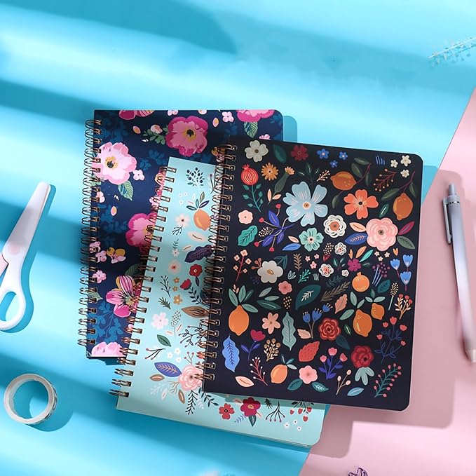 3 Pack Hardcover Spiral Notebook Spiral Journals for Women 160 Pages, 6.3 x 8.3 Inches,100gsm Paper,Cute College Ruled Notebook, Back Pocket, Office Supplies (FG-flower)