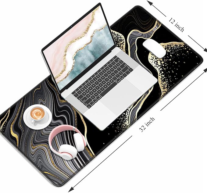 Auhoahsil Desk Pad, XL Extended Large Gaming Mouse Pad 31.5 x 11.8 Inch, Waterproof Mousepad with Stitched Edges, Non-Slip Computer Keyboard Laptop Mat for Women Men Office Work, Black Gold River