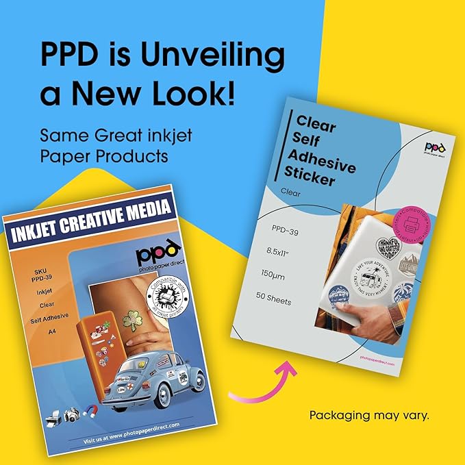 PPD Premium Printable Vinyl Sticker Paper for Inkjet Printer - 50 Sheets Clear Transparent Sticker Paper 8.5 x 11 - Self-Adhesive, Tear Resistant, Instant Dry - PPD-39-50