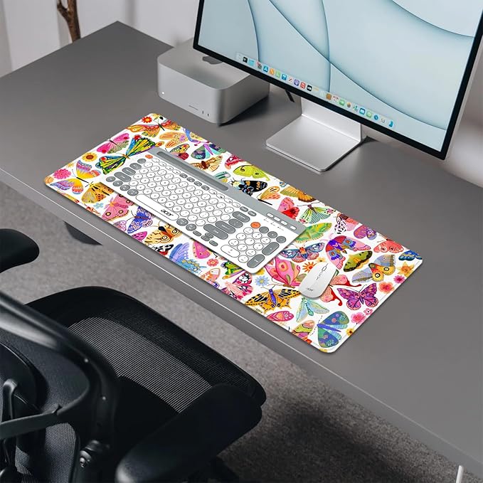 Colorful Butterfly Mouse Pad,Large Extend Mousepad Desk Pad with Stitched Edges,Non-Slip Waterproof Rubber Base Mouse Mat Desk Mat for Office Computer Keyboard Laptop Home(27.5x11.8 in)