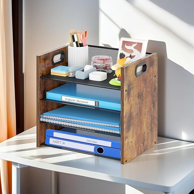 Wood Desk Organizer - 4-Tier Desktop File Organizer, Wooden Paper Organizer, Office Desk Organizer for Papers, Mail, Notebooks, Stationery