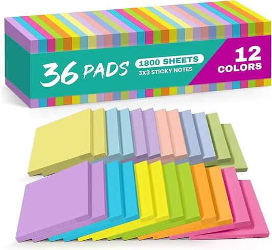 Sticky Notes, 36 Pads, 3x3 inches, Soft Pastel Self-Stick Note Pads, Perfect for Office, Study, and Daily Life Organization - Soft Pastel