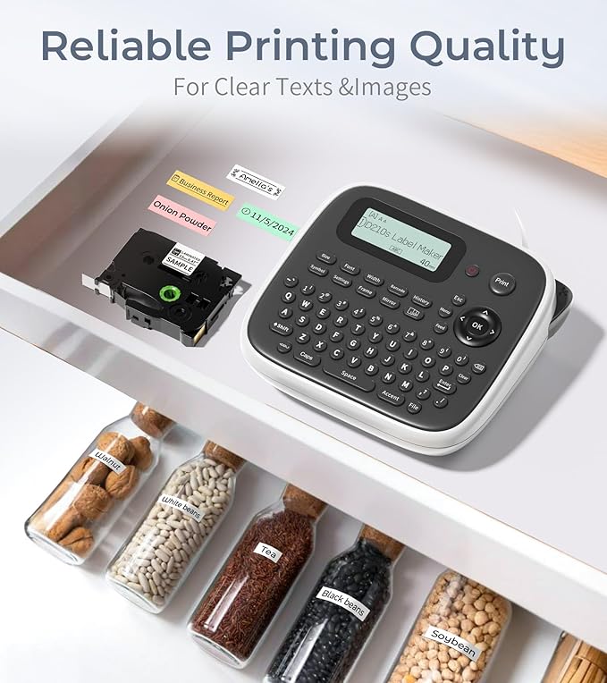 D210s Label Maker Machine with 4 Tapes, Label Maker Waterproof-Labels Bundle, Labeler Machine with Tapes 12mm 0.47 Laminated White, Inkless Labeling Machine for Office & School Supplies