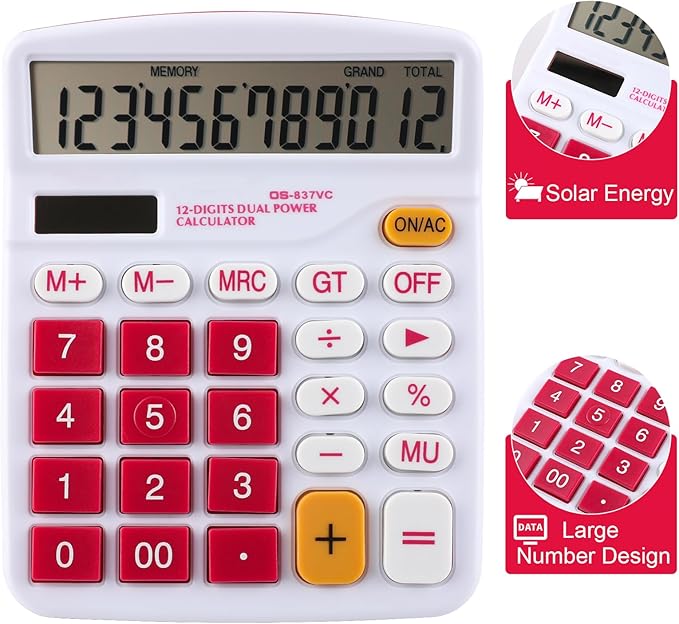 Meichoon Desktop Calculator Solar Battery Dual Power 12 Digit Large LCD Display Financial Dedicated Large Standard Function Desktop Business Calculator for Office/Home/School KA08 Red
